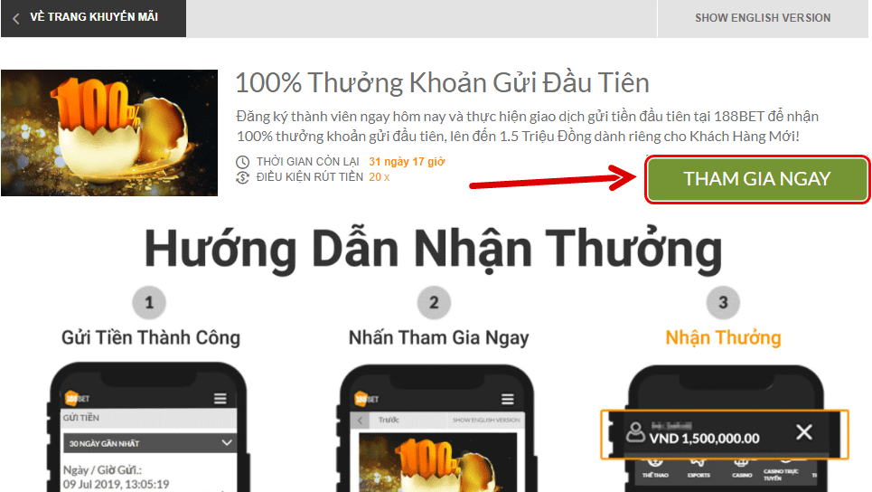 Cách nhận tiền thưởng 188BET