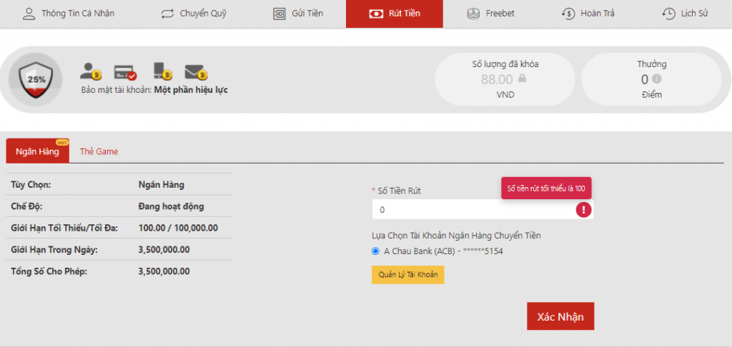 Rút tiền tại VN88