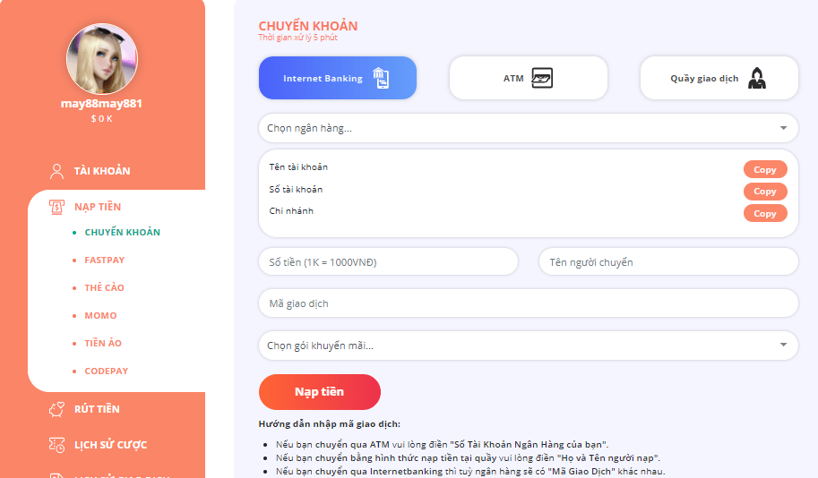 Hướng dẫn cách nạp tiền MAY88 nhanh