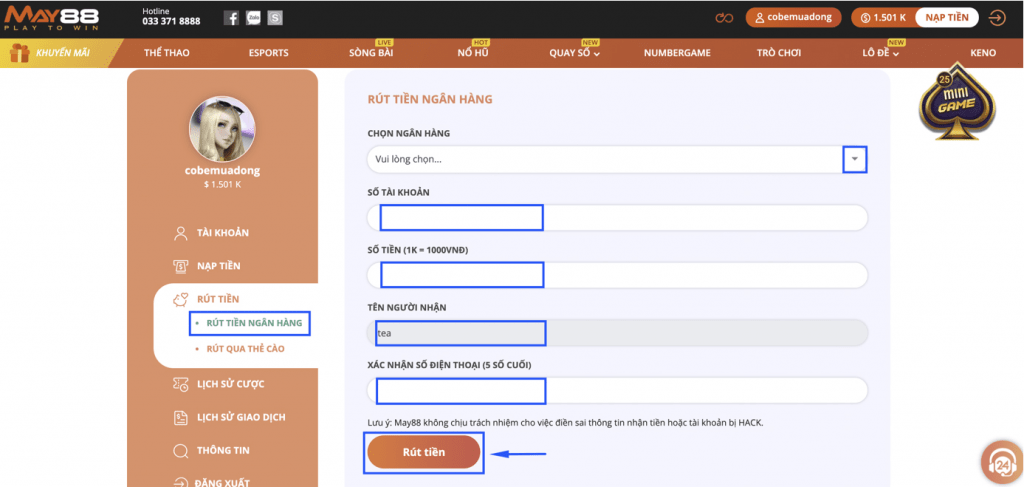 Hướng dẫn cách rút tiền MAY88 về tài khoản