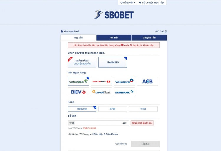 Hướng dẫn cách nạp tiền vào SBOBET