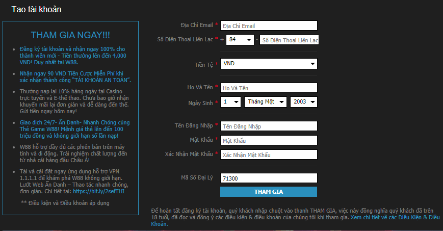 Hướng dẫn tạo tài khoản W88