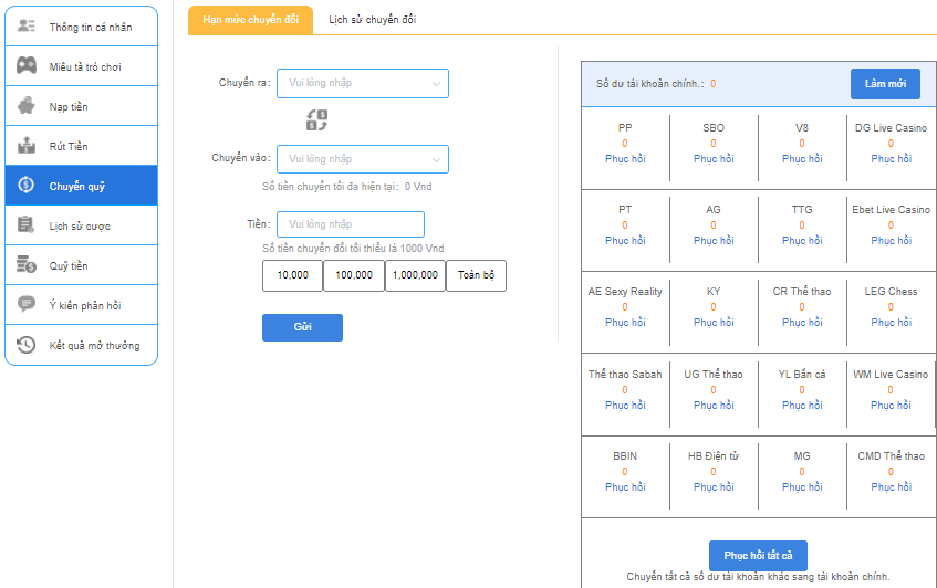 Chuyển quỹ vào ví SODO66