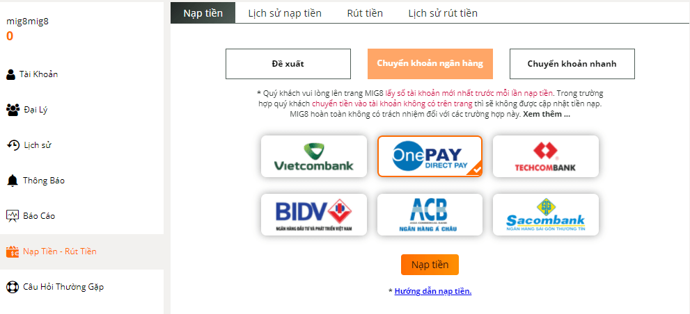 Hướng dẫn gửi tiền vào MIG8