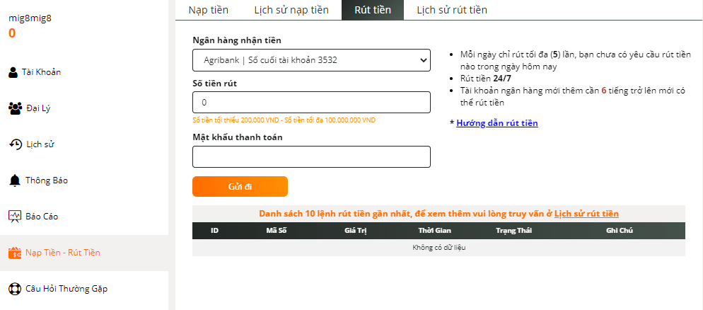 Tiến hành rút tiền MIG8