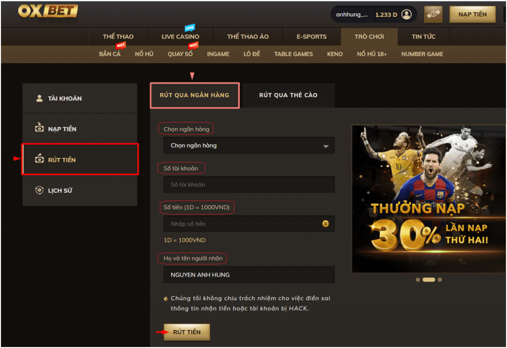Hướng dẫn cách rút tiền từ nhà cái OXBET