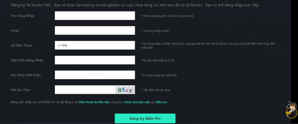 Form đăng ký chơi tại FI88