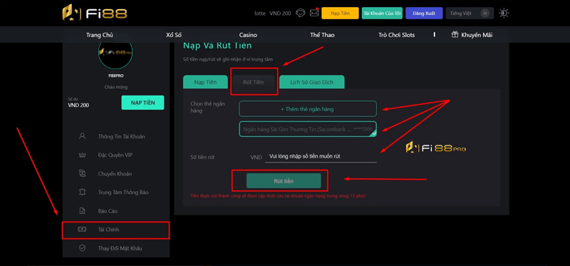 Hướng dẫn cách rút tiền từ Fi88