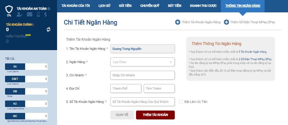 Thêm tài khoản rút nạp tiền tại HL8