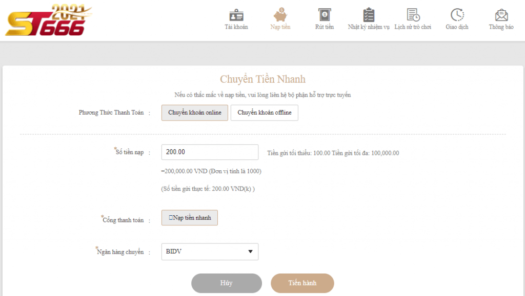 Quy trình nạp tiền vào tài khoản game ST666