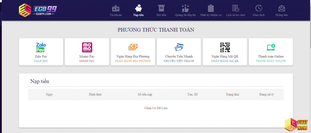 Các phương thức nạp tiền tại EGB99