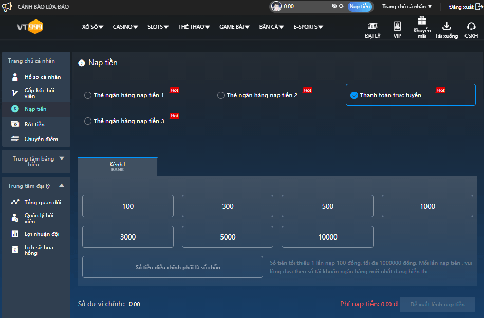 Nạp tiền nhanh vào VT999