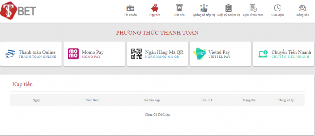 Chọn phương thức gửi tiền vào T8BET