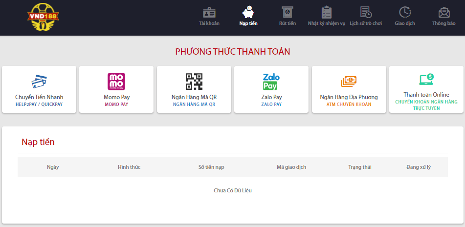 Các hình thức nạp tiền tại VND188