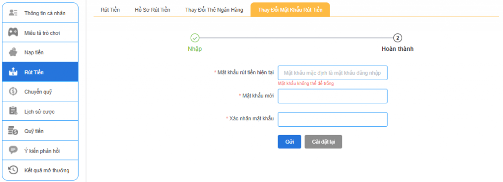 Thay đổi mật khẩu rút tiền