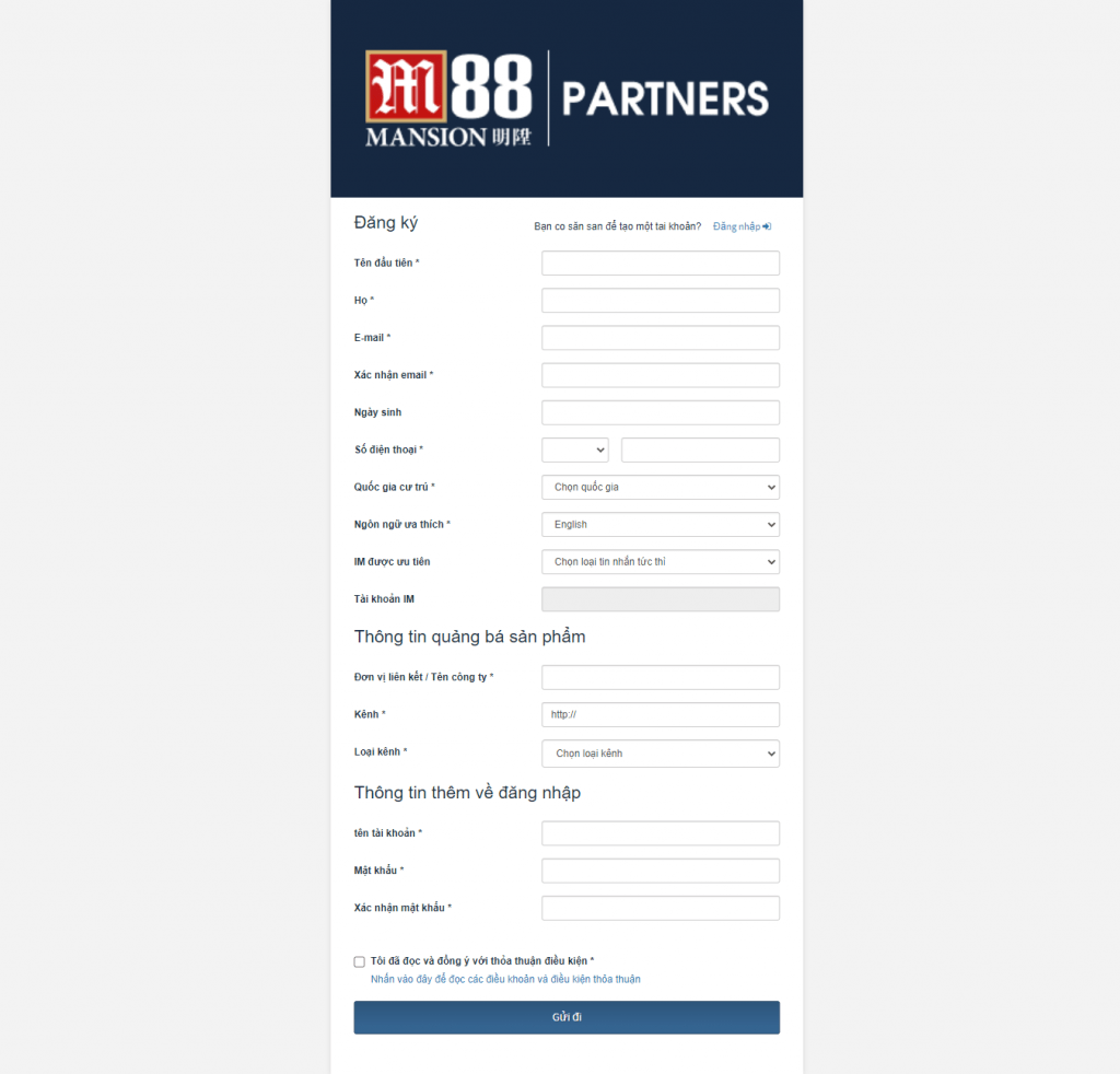 Form đăng ký đối tác M88