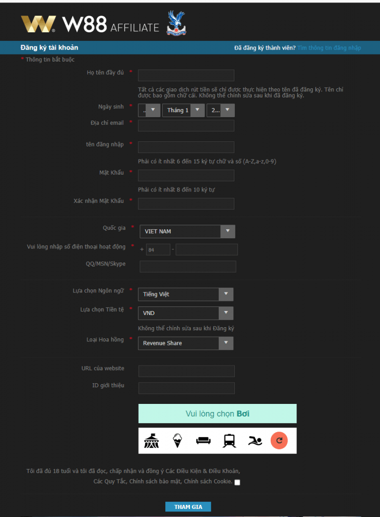 Form đăng ký đại lý W88