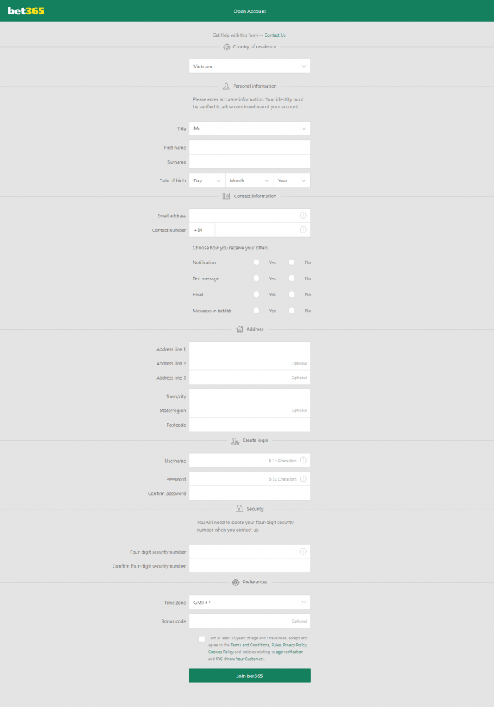 Form đăng ký thành viên BET365