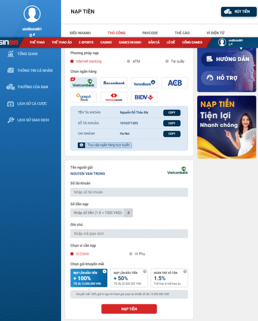 Hướng dẫn cách nạp tiền SIN88 nhanh chóng