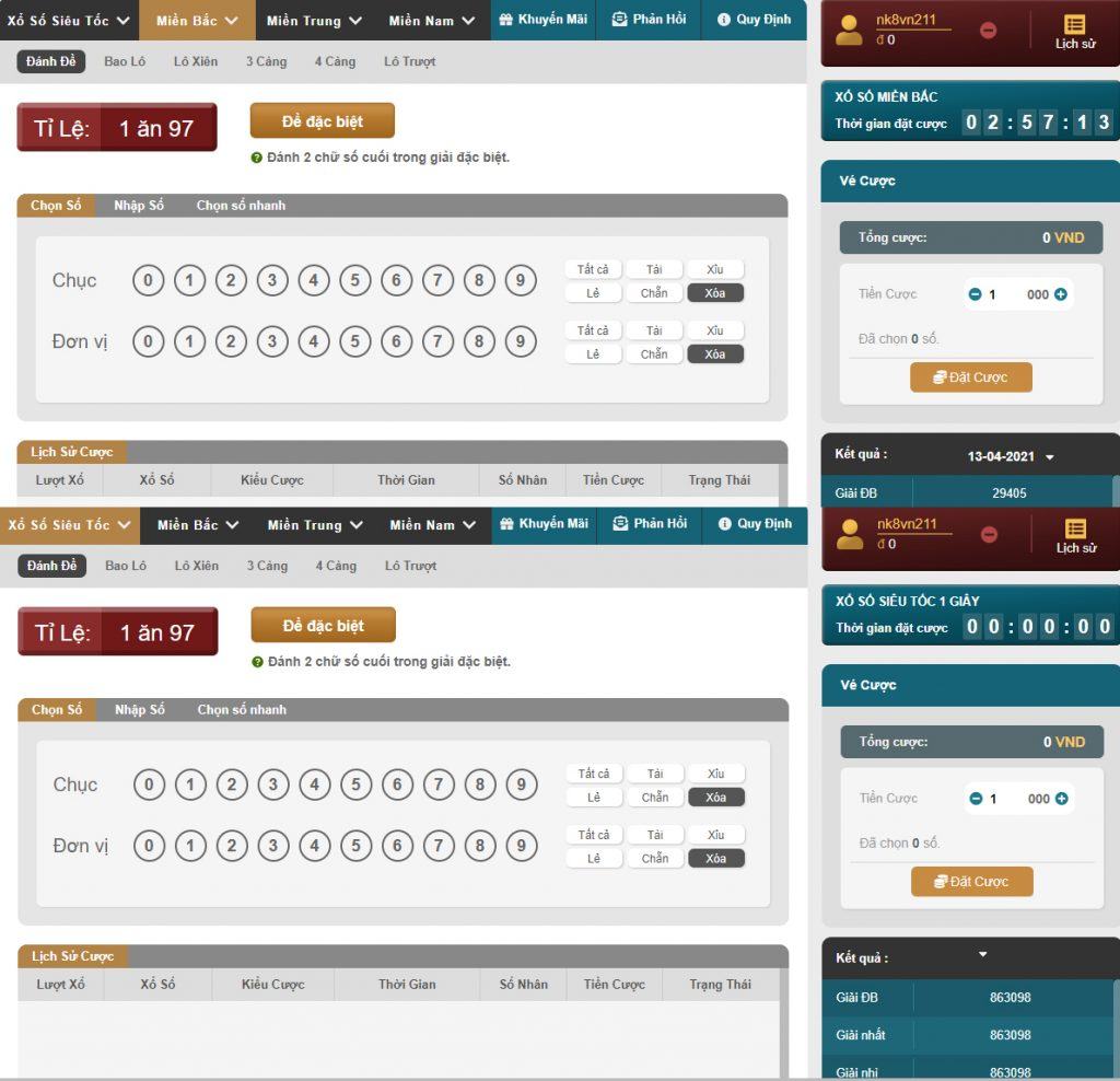 Giao diện xổ số - lô đề online