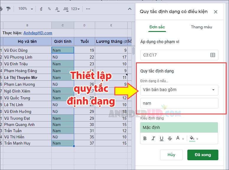 Cách dùng quy tắc định dạng có điều kiện trong Google Trang Tính Minh