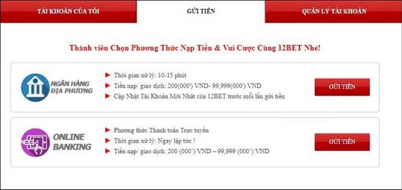 Thao tác nạp tiền nhanh tại nhà cái 12Bet