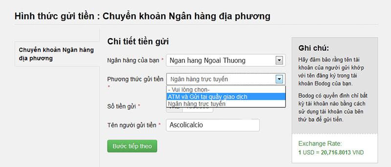 Cách nạp tiền vào tài khoản tại Bodog