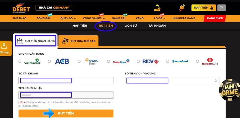 Rút tiền tại nhà cái Debet qua 2 hình thức
