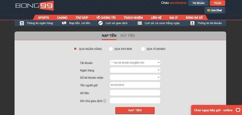 Nạp tiền tại Bong99 với 3 phương thức phổ biến