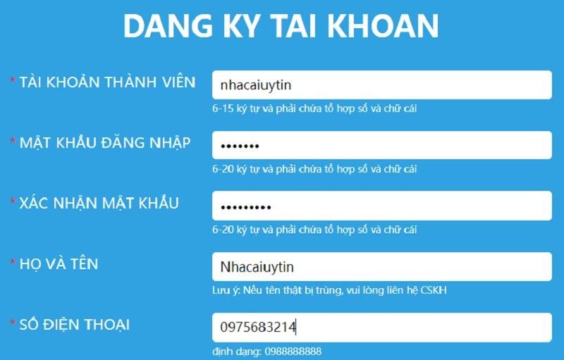 Biểu mẫu đăng ký tài khoản tại nhà cái 123B