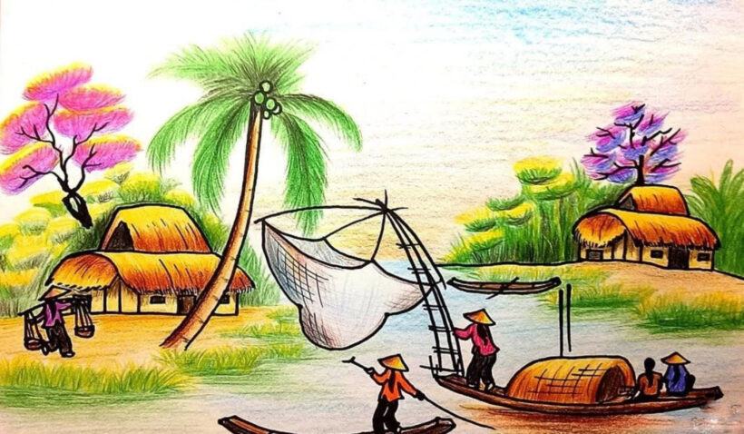 Vẽ tranh phong cảnh quê hương bằng sáp màu