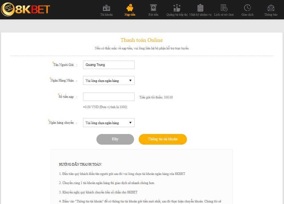 Hướng dẫn gửi tiền 8KBET