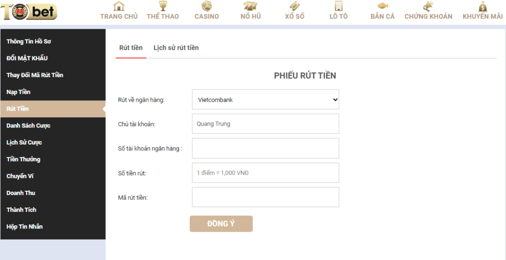 Cách rút tiền TOBET88 về tài khoản