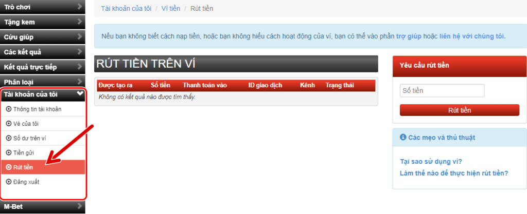 Cách rút tiền thắng tại M-BET