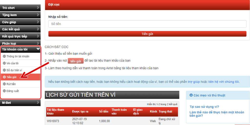 Hướng dẫn cách nạp tiền vào M-BET