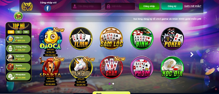 Giao diện cổng game đánh bài ăn tiền thật Vip 52