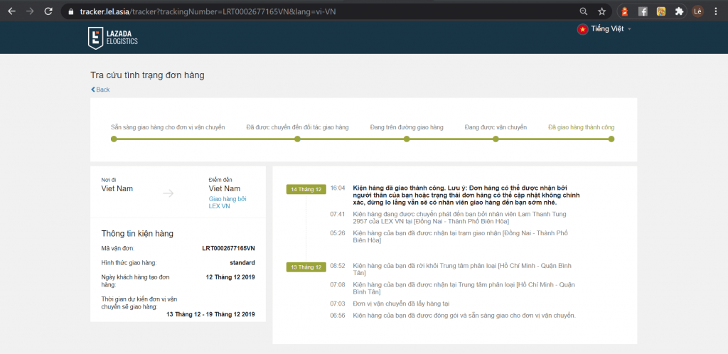 Chi tiết tình trạng đơn hàng LEX VN tracking