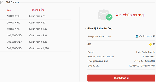 Hình Ảnh Nạp Thẻ Garena thành công