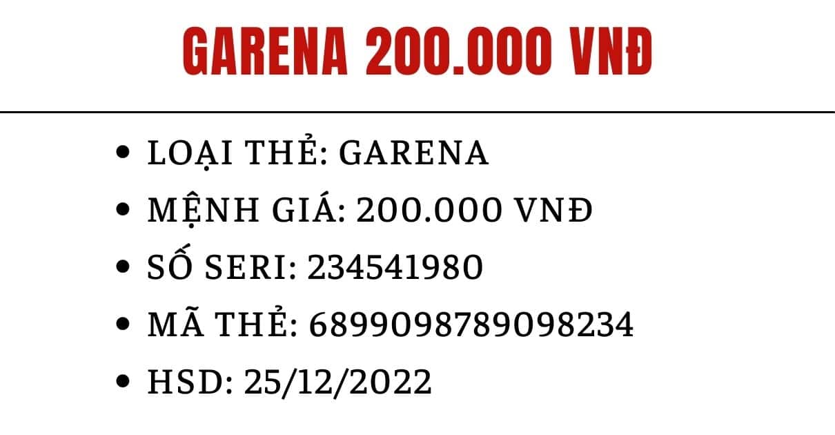 Hình Ảnh Thẻ Garena 200k chưa nạp