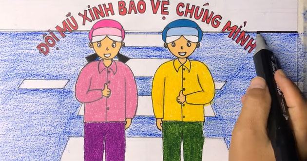 Cách vẽ tranh đội mũ xinh bảo vệ chúng mình