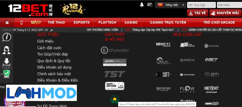 Nhà cái 12Bet có giấy phép kinh doanh hợp pháp