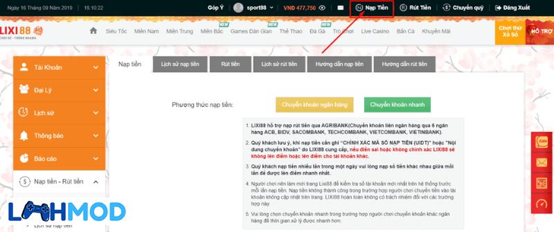 Nạp tiền Lixi88 qua ngân hàng