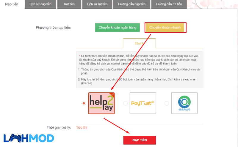 Nạp tiền Lixi88 với Help2Pay