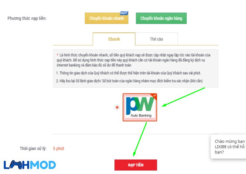 Gửi tiền Lixi88 thông qua Paywell