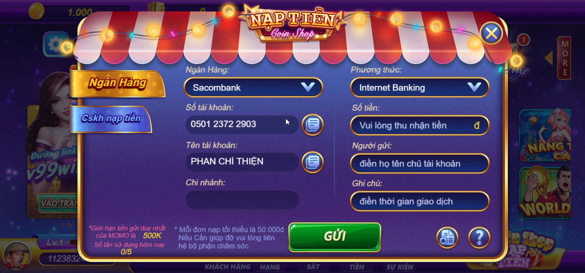 nạp tiền v99 win